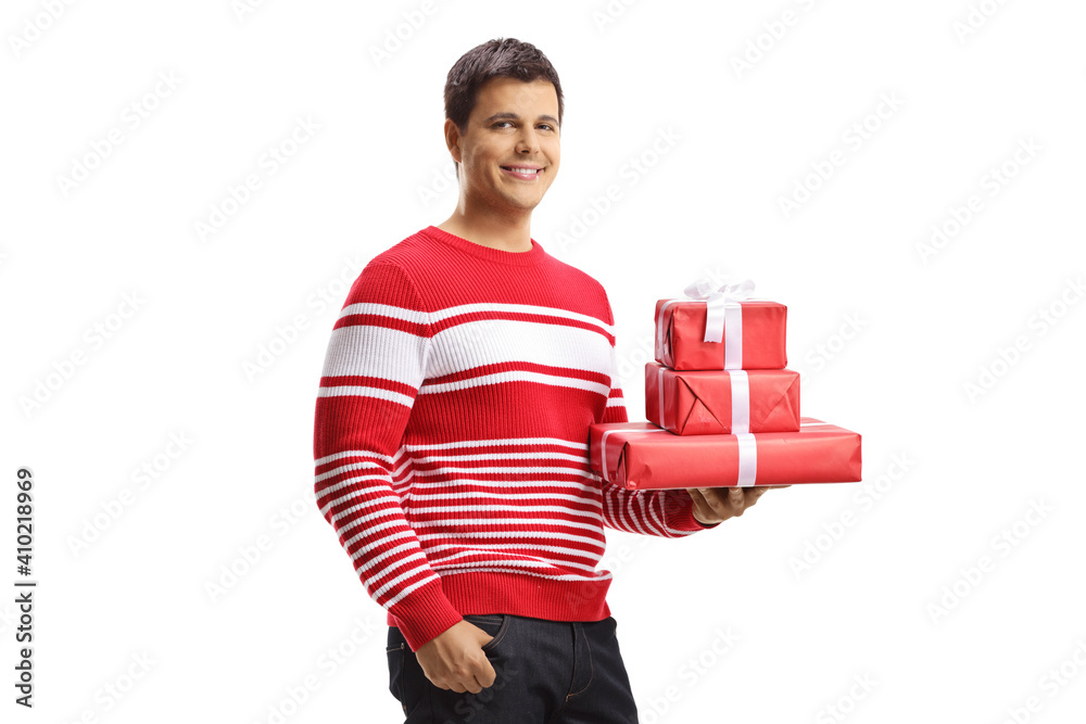 Sticker Young man holding gift boxes