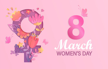 International Women's Day banner, flyer.Card for March 8 decorating by paper flowers in papercut female symbol. Congratulating card for newsletter, brochures,postcards.Vector illustration.