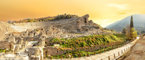 Panorama of the Roman amphitheater in Ephesus city at sunset