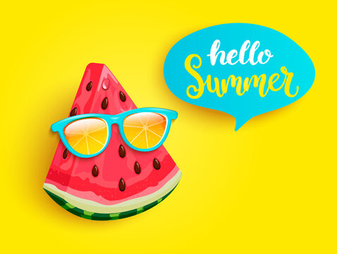 Hipster watermelon in orange sunglasses greeting summer on yellow background. Welcome banner for hot season. Hello party, fun and picnics. Bright poster with exotic fruit. Vector illustration.