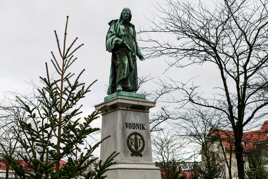 LJUBLJANA, SLOVENIA - DECEMBER, 2017: Vodnik statue in Vodnikov trg 