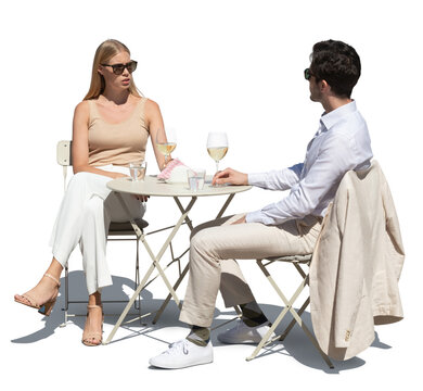 Elegant Couple Sitting In Street Café And Drinking White Wine, Isolated On White Background