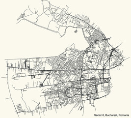 Black simple detailed street roads map on vintage beige background of the neighbourhood Sector 6, Bucharest, Romania