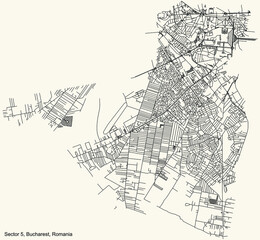 Black simple detailed street roads map on vintage beige background of the neighbourhood Sector 5, Bucharest, Romania