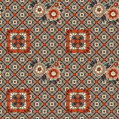 Motley seamless geometric pattern with small bunch of flowers. Wallpaper, print for fabric, tapestry.