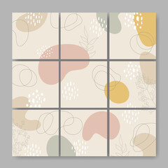 Set of nine vector square backgrounds with abstract forms and leaves ornament