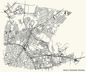 Black simple detailed street roads map on vintage beige background of the neighbourhood Sector 2, Bucharest, Romania