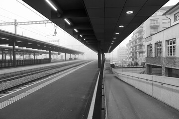 Fototapeta na wymiar Empty railway station at Zurich, Switzerland, black and white.