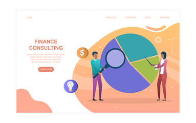 Male and female characters are working on finance consulting. Man and woman examine finances with magnifier and pointer. Website, web page, landing page template. Flat cartoon vector illustration
