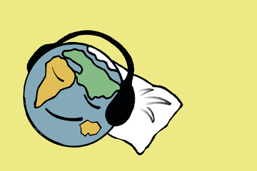 planet earth in earplugs sleeping on a pillow illustration for world sleep day