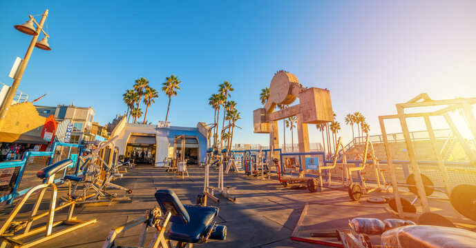 World famous Muscle Beach under a clear sky at sunset