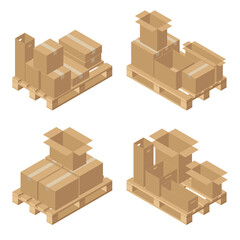 Isometric cardboard boxes on wooden pallet. Cargo box. Isolated on white background. Vector illustration in flat style.