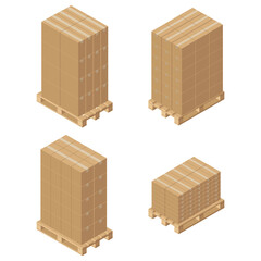 Isometric cardboard boxes on wooden pallet. Cargo box. Isolated on white background. Vector illustration in flat style.