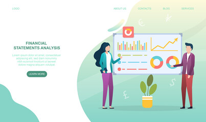 Male and female characters are analysing financial statements. Man and woman examine board with financial infographics. Website, web page, landing page template. Flat cartoon vector illustration