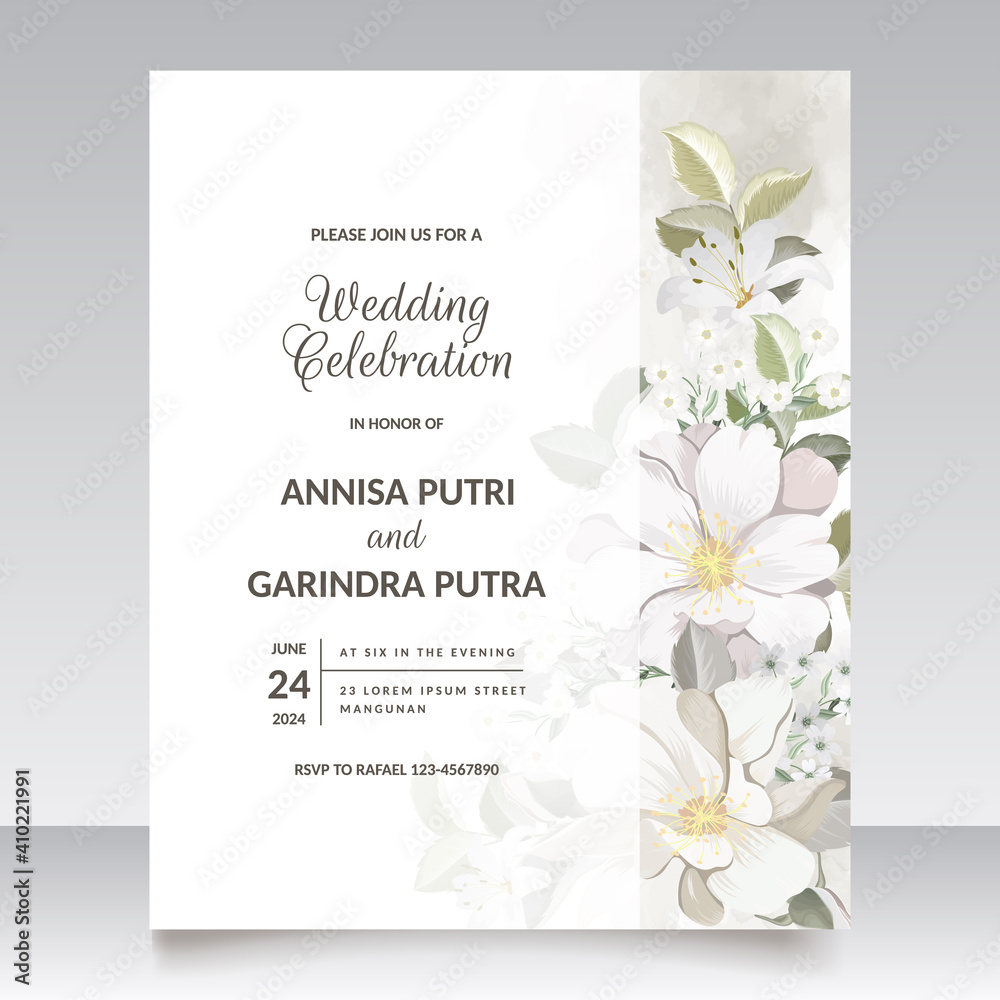 Wall mural Floral wedding invitation template set with white flower and leaves  decoration Premium Vector