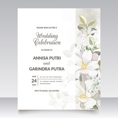 Floral wedding invitation template set with white flower and leaves  decoration Premium Vector