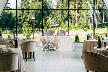 Nicely decorated table for newlyweds. Wedding table with rustic elements, natural decor-2.