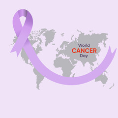 Obraz na płótnie Canvas Vector illustration of lavander ribbon on map of the world background with an inscriprion World Cancer Day. Cancer awareness. World Cancer Day concept