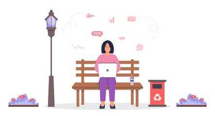 Young woman with laptop sitting on a bench. Female character is working or studying remotely. Girl in the park with a computer. Student or freelancer. Vector illustration on white isolated background