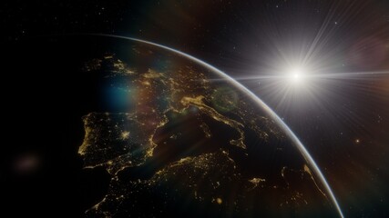 Planet earth from the space at night, planet Earth from outer space view, glow planet Earth view from dark space 3d illustration