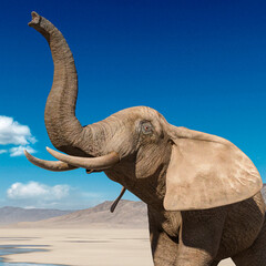 african elephant is doing a scent pose on desert after rain close up view