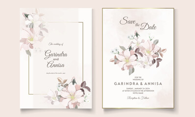 Floral wedding invitation template set with white flower and leaves  decoration Premium Vector