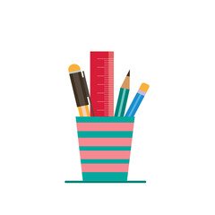 A glass for stationery items. Ruler, pencil, pen. Flat vector illustration