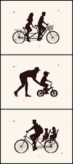 Obraz premium People on bike silhouettes set. Couple on bicycle. Mother and child