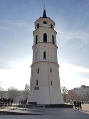 Fototapeta na wymiar Old bell tower in the center of Cathedral Square in the Lithuanian capital Vilnius November 17, 2018