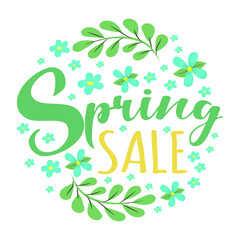 Spring sale - cute script lettering text. Round banner, flyer template design with simple floral elements - blue flowers and leaves. Calligraphy text vector isolated on white background.