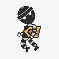 Robber in mask stole the picture from museum or gallery. Colorful flat cartoon robber, vector