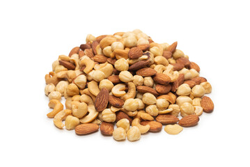 Mix of nuts isolated on white background. Top view.