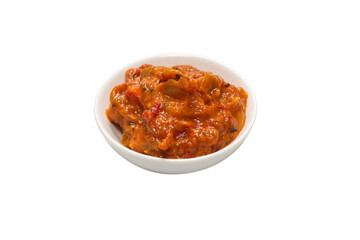 Vegetable stew in a bowl isolated on white background.