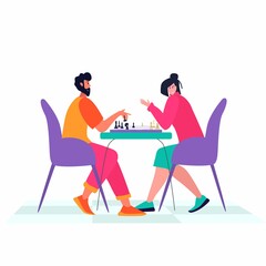 Chess game. Trendy flat illustration. People play chess. Chess pieces.