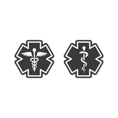 Obraz premium First aid, medical emergency vector symbol. Rod of asclepius or aesculapius and Caduceus with snake, ems icon.