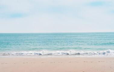 Fototapeta na wymiar Sea view, beautiful beach with blue sky, sand sun daylight, holiday summer concept