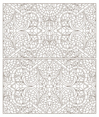 Obraz premium Set contour illustrations of stained glass with abstract swirls and flowers , horizontal orientation