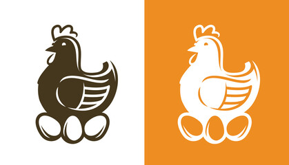 Chicken with eggs. Hen symbol or logo vector