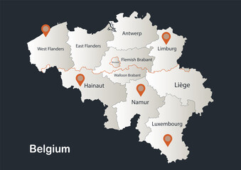 Belgium map, Infographics flat design colors snow white, with names of individual regions vector