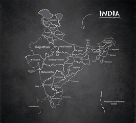 India map administrative division, separates regions and names individual region, design card blackboard chalkboard vector