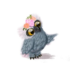 Cute baby owl with flowers. Postcard