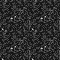 Naklejka premium Seamless pattern with contour cats and flowers in stained glass style, light outline cats on a dark background