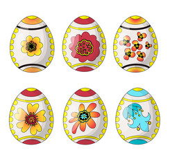 A set of six Easter bright eggs with flowers - chamomile, bell, asters. Stock vector illustration in cartoon style isolated on white background.