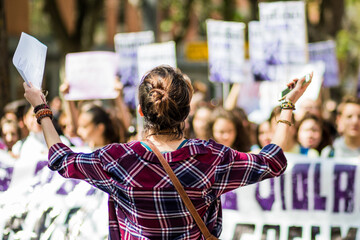 8m feminist march celebrating womens day fighting for woman rights with banners - obrazy, fototapety, plakaty