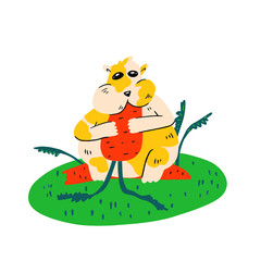 Funny hamster eating the carrot. Vector illustration in cartoon style