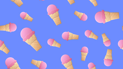 ice cream sweet, milk, in a waffle cone on a blue background, illustration, pattern. a delicious dessert for children and adults. wallpaper for cafe and restaurant, kitchen decoration