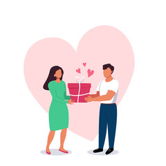 Man and woman with a gift box in their hands with a big heart on background.