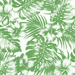 Beach vector seamless pattern. Tropical leaves. Jungle foliage illustration. Exotic plants. Summer beach floral design.