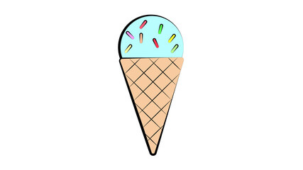 ice cream sweet, milk in a waffle cup, on a white background, illustration. scoop of turquoise ice cream with sugar sprinkles. fruit sweet ice cream