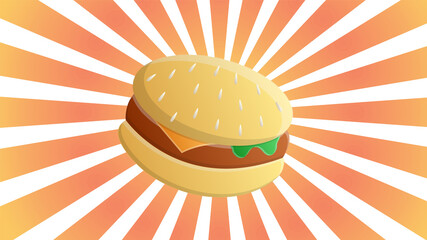 appetizing burger with filling on a retro bright, orange background with white stripes, illustration. burger with meat and cheese, salad filling. fast food food. junk fatty food